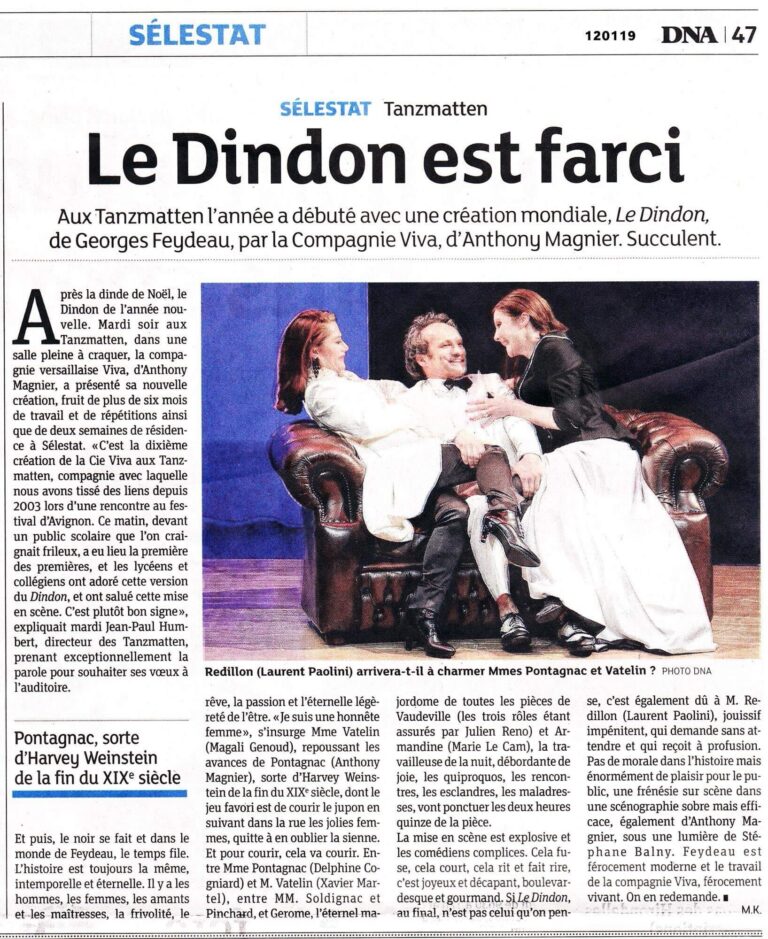 Premier article sur Le Dindon paru dans Les DNA, suite à la première du 8 janvier aux Tanzmatten (67