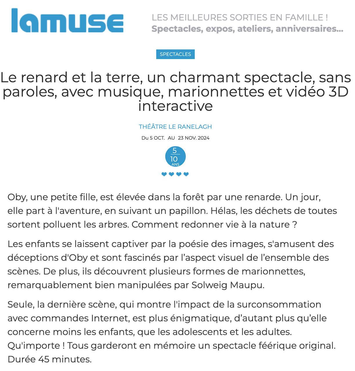 Vu dans la presse : «Le Renard et la Terre» !!
